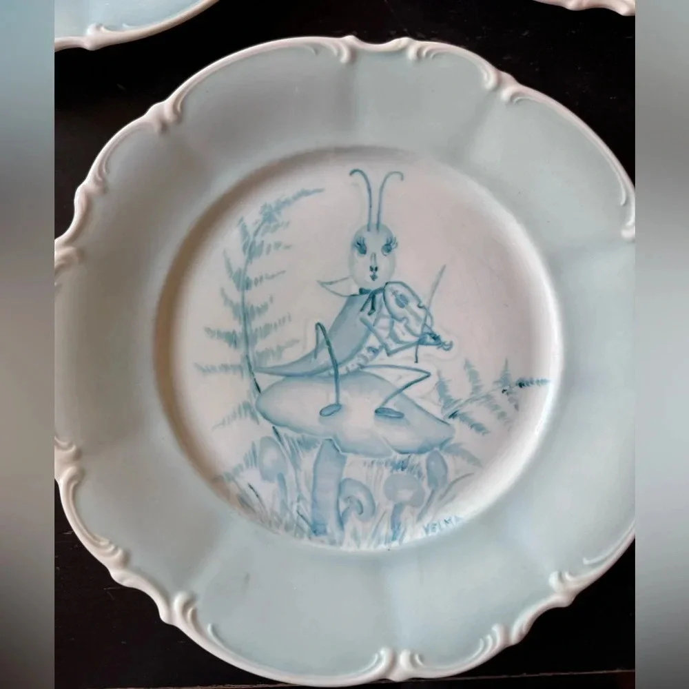 3 vintage hand painted whimsical mushroom dinner plates 10 inch blue Germany